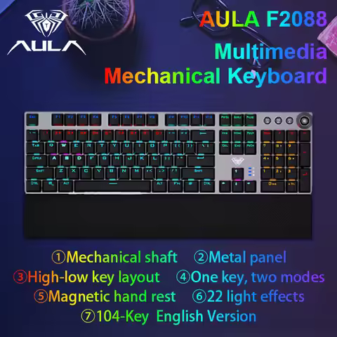 AULA F2088 Mechanical Keyboard Wired Gaming Keyboard Multi-Function Knob 104 Keys Magic Backlit Keyb