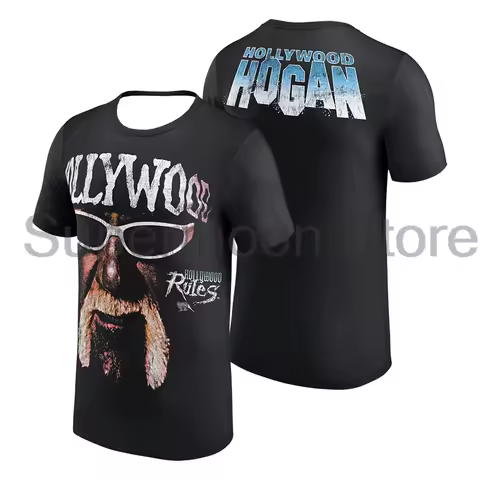Men's Black Hulk Hogan Hollywood Rules T-shirt Crewneck Short Sleeve Streetwear Tee Women Outdoor Sp