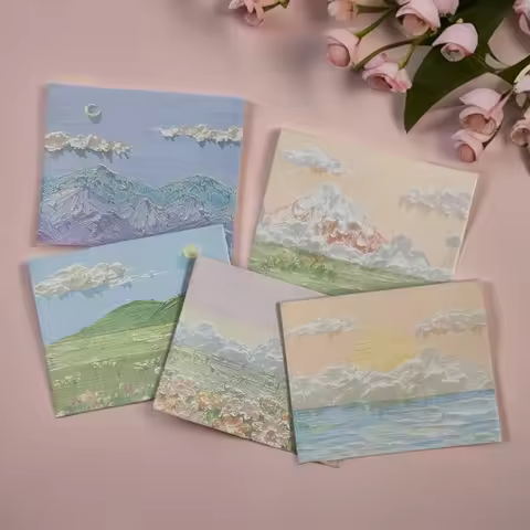 50 pcs Landscape Oil Painting Greeting Card, Creative Instagram Style Art Card, Three Fold Christmas