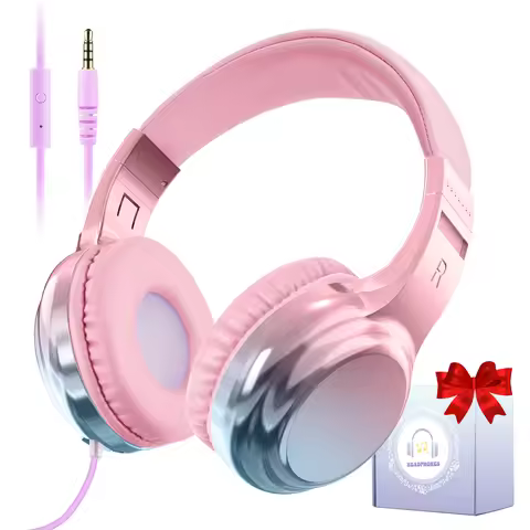Girls Wired Headphones Kids Leather Pink Foldable Stereo Earphones Noise Cancelling Mic for Laptop T