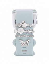 4入組時尚女性浪漫蝴蝶、玫瑰和鑽石裝飾的手錶帶扣,適用於apple Watch 38/40/41/42/44/45/49mm。時尚奢華的女式矽膠透氣、親膚手錶帶裝飾環和扣,適用於apple Watch Series Ultra 9/8/7/6/5/4/3/2/1 Se。