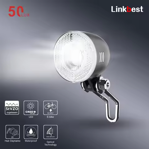 Linkbest 50 Lux Headlight Led Electric Bicycle Light StVZO Approved Waterproof IPX 5 Hub Dynamo Ebik