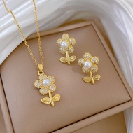 Necklace Earring Set Men Women Light Luxury Full Diamond Leaf Flower Unique Classy Banquet Jewelry S