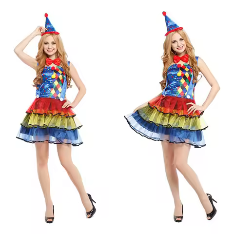 Women Adult Rainbow Circus Clown Cosplay Costumes Funny Joker Girls Birthday Carnival Party Outfit S
