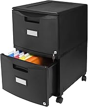 Storex Plastic Two-Drawer Mobile Pedestal File Cabinet – Locking Document Organizer with Casters for Home and Office, Black, 1-Pack (61312C01C)