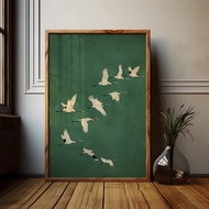 Emerald Green Cranes Poster Gold Accents Japanese Large Bird Artwork Canvas Painting Wall Art for Li