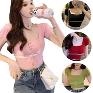 Summer new tops, short slim fit and thin T-shirts, solid color striped knitted T-shirts, women's squ