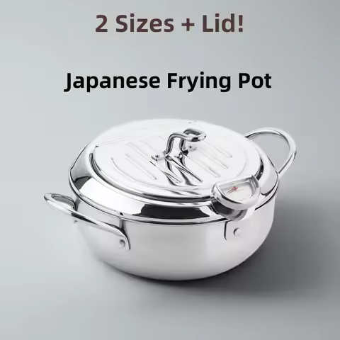 LMETJMA Japanese Deep Frying Pot with a Thermometer and a Lid 304 Stainless Steel Kitchen Tempura Fr