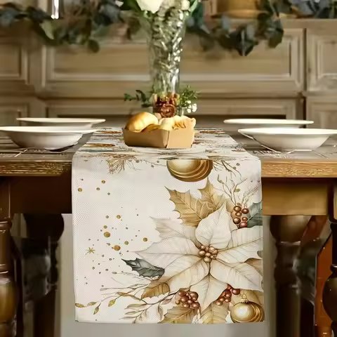 1 Piece of Light Luxury Gold Leaf Christmas Table Runner, with a Base Painted in Gold Poinsettias, B