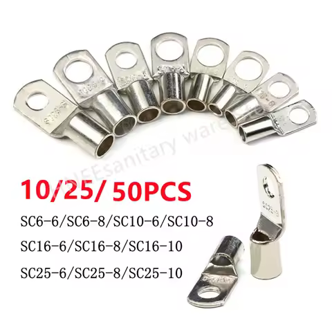 10/25/50Pcs SC Type Wire Nose Terminal SC6 SC10 SC16 SC25 Bare Copper Battery Block Lugs Hole 6mm 8m