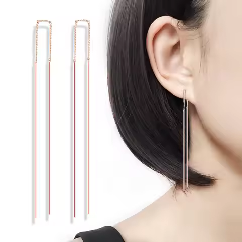 Simple Strip Bar Long Chain Drop Dangle Earrings Rose Gold Color Tessel Ear Line Fashion Jewelry Ear