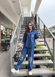 A1291 ชุดเซทเสื้อแขนยาว + กางเกงขายาว ปัก LOEWE สียีนส์เข้ม