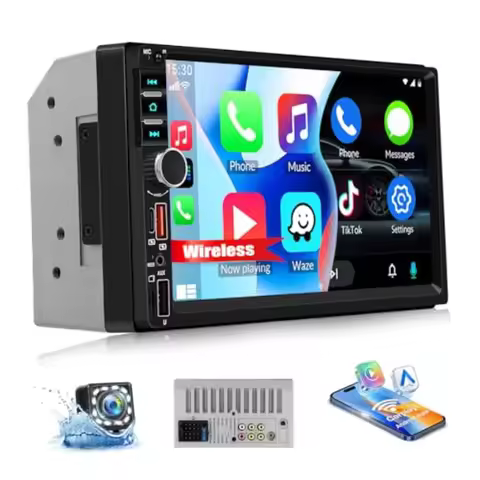 Wireless Double Din Car Stereo Compatible A-pple Carplay Android Auto, 7" IPS 1024 * 600 Touchscreen
