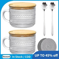 Vintage Coffee Glass Mugs Set of 2, Glass Coffee Tea Cups with Bamboo Lids, Coaster and Spoons,15Oz 