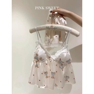 BN16 sexy 2s pajamas set with bow motifs and PADDING, crop top lady's silk pajamas to flatter the fi