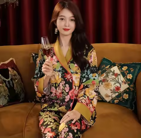 Women's Pajamas Set V Neck Design Luxury Flower Print Sleepwear Silk Like Home Clothes Loose Nightwe