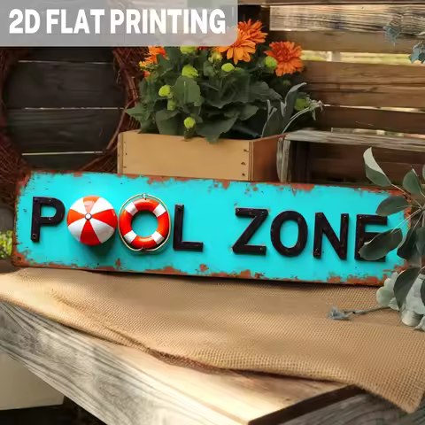 2D Flat - 2D Retro Pool Area Metal Wall Sign - Turquoise with Red Lifebuoy Design - Large 3.93X15.74