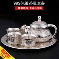 Sterling Silver 999 Baifu Tea Set Retro Cooked Silver Tea Set 1 Tray 1 Pot 4 Cups European Style Tea