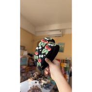 [c09 black strawberry] Premium hand-embroidered linen hairband size 3cm