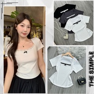 Women's short-sleeved square neck T-shirt with high quality lace, ribbed elastic, youthful style, co