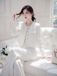 Phụ nữ ánh sáng sang trọng cao cấp Apricot Áo khoác ống rộng quần com-lê chuyên nghiệp