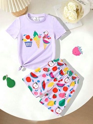 少女夏季新款卡通可愛水果圖案短袖t恤和短褲家居服睡衣套裝