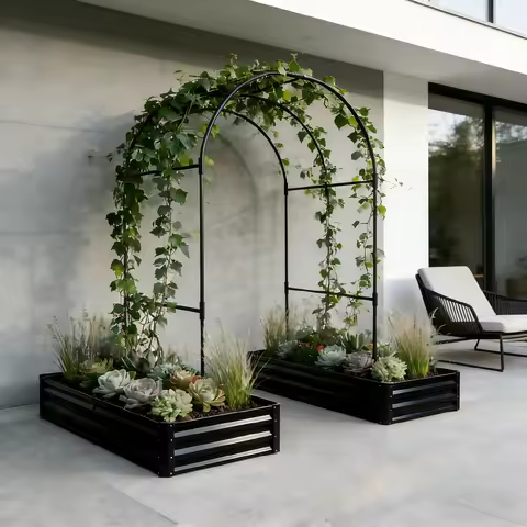 Raised Garden Bed with Arch Trellis, 2 Pack Metal Planter Boxes with Garden Arch, Outdoor Garden Pla