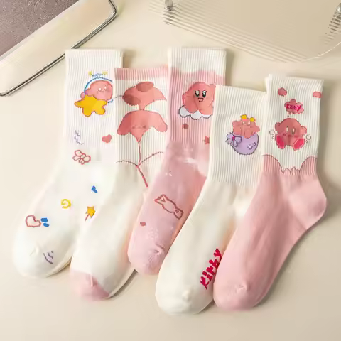 1Pairs Kirby Socks Korean Style Cartoon Anime Candy Color Harajuku Kawaii Mid Tube Socks Breathable 