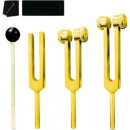 Tuning Fork Set 128Hz 256Hz 512Hz with Reflex Hammer, Gold Aluminum Alloy Tuning Forks for Sound The
