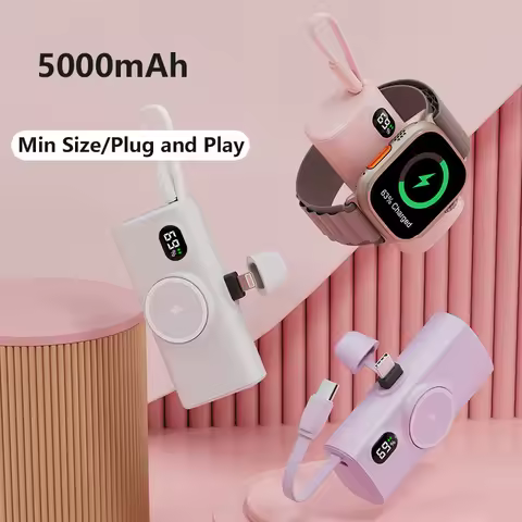 Mini Power Bank with USB C Cable Plug for iPhone 16 Samsung Huawei Xiaomi Magnetic Wireless Charger 