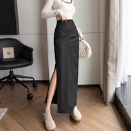 Yimei váy một nửa camera da PU màu nâu cho nữ 2024 phong cách mới ôm eo cao ôm hông chân váy dài với