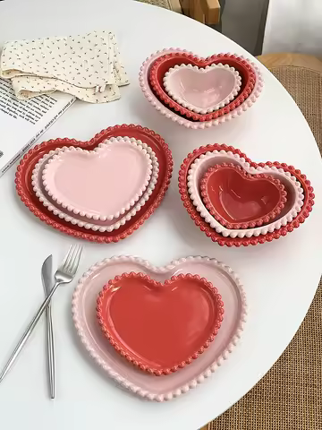 Anmuli Pink Heart Dot Ceramic Rice Bowl Dessert Soup Plate Korean Style Popular Elements Plain Color