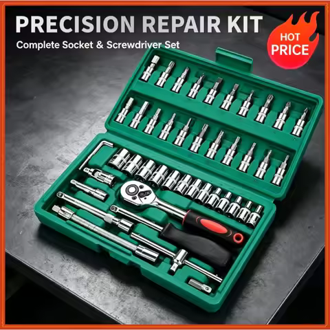 Advanced Car Repair Kit , Green Toolbox, 46pcs Professional Ratchet Set Professional Tool Set, Car M