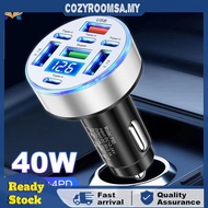 40W 8 Ports Car Charger Voltage Display USB Type-C Car Charger Adapter for Phone