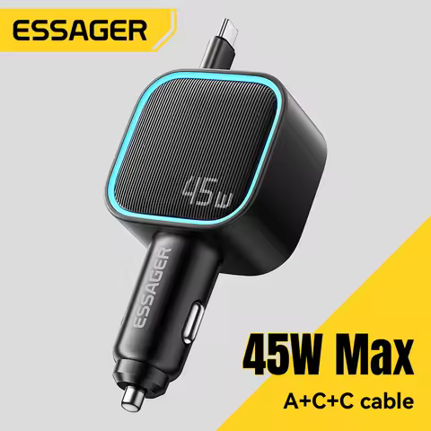 ESSAGER 45W Car Charger PD Fast Charging with Retractable 75CM Cable 3 Ports USB C & a Adapter for i