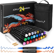 Magicfly Acrylic Paint Markers 24 Colors Dual Tip Acrylic Paint Pens Reversible Markers on Pebble St
