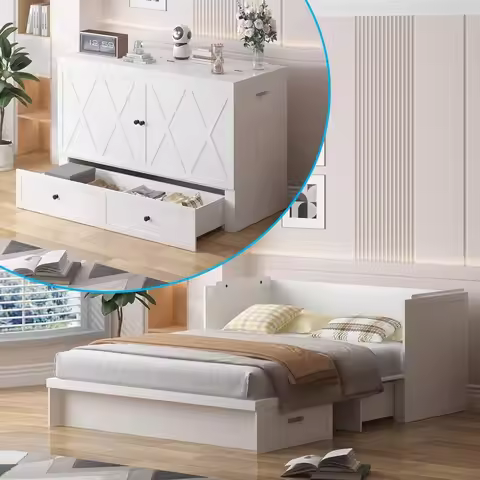 Queen Size Bed with Tri-Folding Mattress，Murphy Bed with Charging Station and Two Large Storage Draw