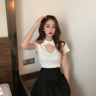 E1 Women's short-sleeved knitted sweater with open neck design designed in youthful Korean lady's st