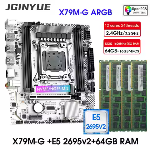 JGINYUE X79 LGA 2011 pc assembly set M-ATX Motherboard kit with Xeon E5 2695 V2 CPU and DDR3 64GB 16