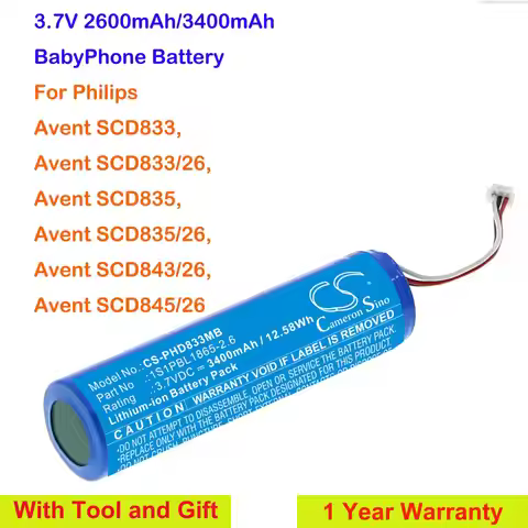 CS 3.7V 2600mAh/3400mAh BabyPhone Battery 1S1PBL1865-2.6 for Philips Avent SCD833, SCD833/26, SCD835
