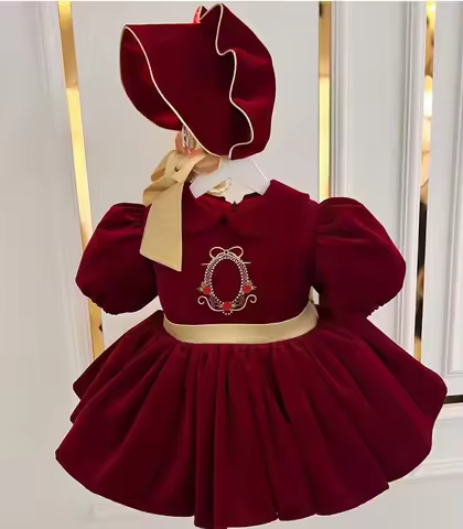 0-12Y Baby Girl Autumn Embroidery Vintage Princess Red Dress for Birthday Photography Holiday Eid Ch
