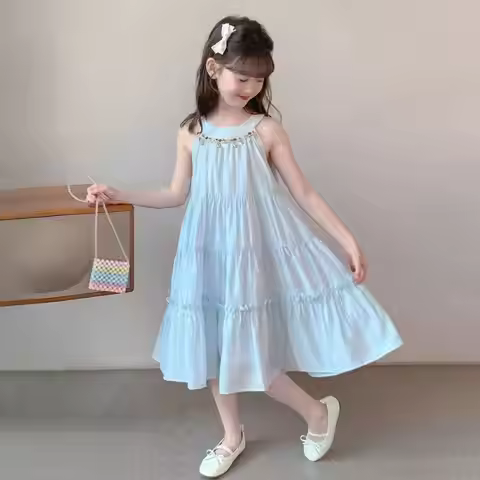 2026 new summer kid baby party princess Girls halter Teenager slip dress light blue LAYERED 4 5 6 7 