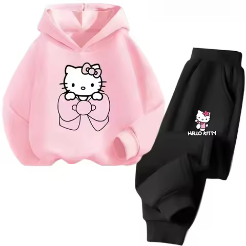 Autumn Hello Kitty Print Children's Hoodie+pant Suit Girl Clothes 4-14Y SportsSuits Kids Clothing To