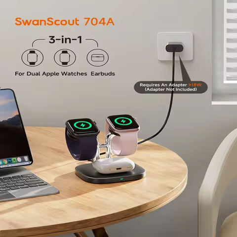 SwanScout 704A Dual Watch Charger Stand for Apple Watch Ultra 3 2 11 10 9 8 SE 3 2 Wireless Charging