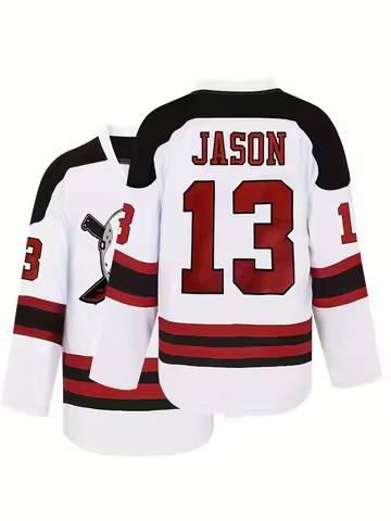 Hockey Jersey - White with Black & Red Stripes "JASON 13" Print Hockey Mask & Crossed Machetes Logo 