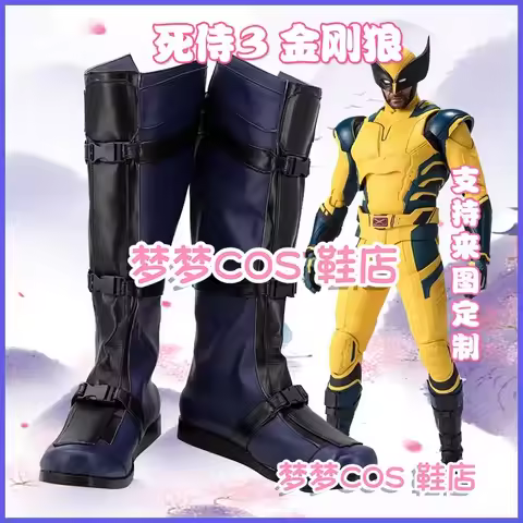 Dead pool 3 Wolverine Logan Cosplay Shoes Blue Handmade Faux Leather Costume Boots