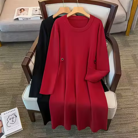 155Kg Plus Size Women's Bust 160 Autumn Winter Long O-Neck Sweater Dress Black Burgundy 4XL 5XL 6XL 