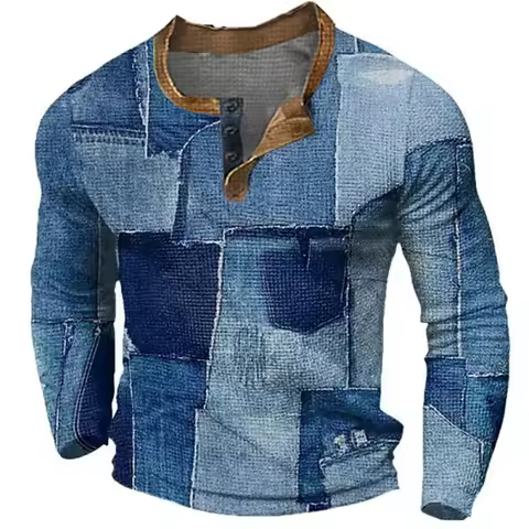 Spring Patchwork Henley Shirts Color Block 3D Print Streetwear Men's Button-Down Long Sleeve T Shirt
