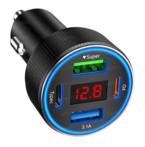 USB C Car Charger 4 Port Car Charger Adapter with LED Voltmer, Aluminium Alloy Car Cigarette Lighter