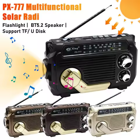 PX-777 Multi-function SW AM FM Radio Hand Crank Emergency Solar Radio BT5.2 Wireless Speaker 1200mAh